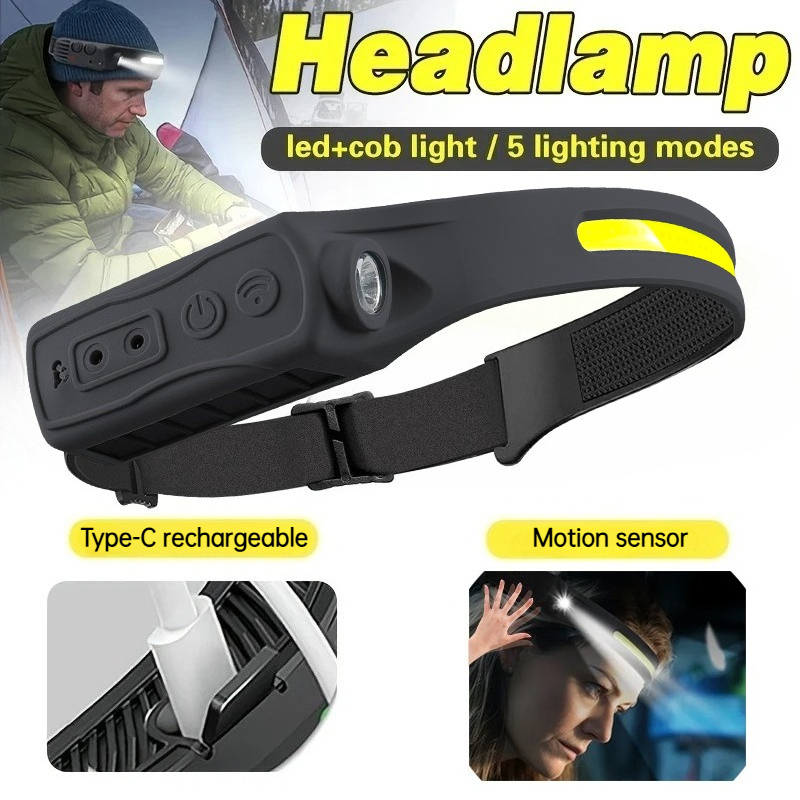 Led Headlight Bulbs - Leistungsstarke COB-LED-Sensor-Stirnlampe, wiederaufladbare Kopf-Taschenlampe, 5 Beleuchtungsmodi,