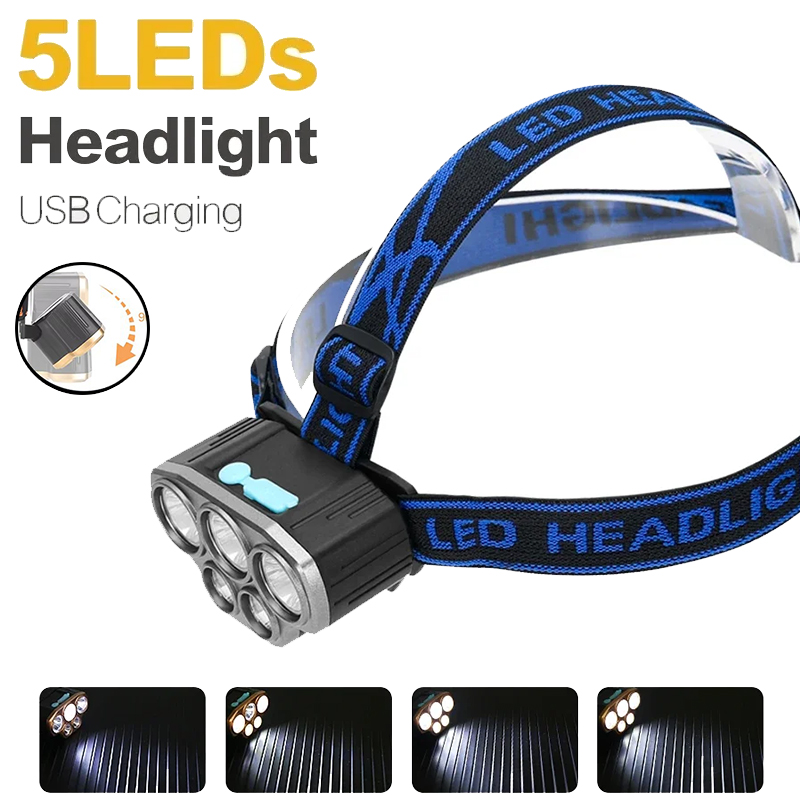 Led Headlight Bulbs - Wiederaufladbare 5-LED-Stirnlampe, ultrahell, leistungsstark, wasserdicht, Stirnlampe